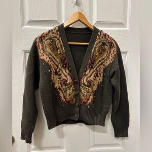 Vintage Lamb Wool Cardigan Women Knit Sweater Sz S Parsley Pattern Army Green